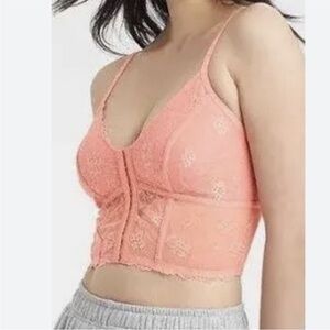Colsie Pink Peach Floral Lace Corset Bustier Cropped Camisole Tank Top, XL